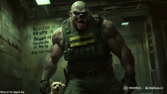 Menacing Man and Barking Dog Advance in Threatening Hallway – AI Generated Video | Hailuo AI