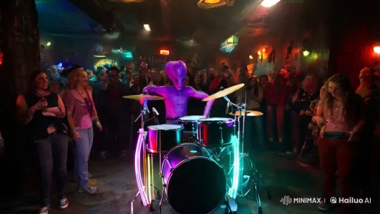 Alien Drummer Captivates Crowd in Futuristic Dive Bar – AI Generated Video | Hailuo AI