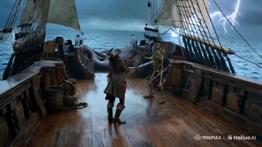 Female Pirate Captain Fights Skeleton on Stormy Sea – AI Generated Video | Hailuo AI