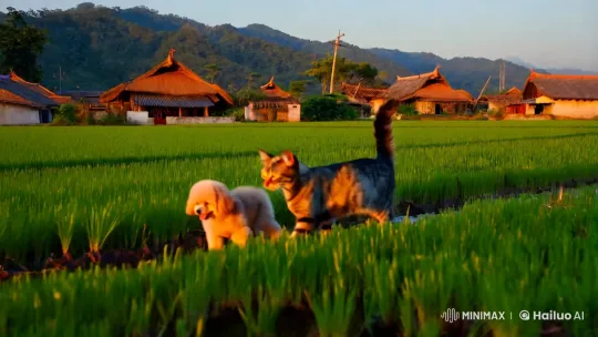 Calm Canine and Feline Friends Wander Pastoral Fields – AI Generated Video | Hailuo AI