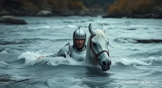 Knight and Horse Braving a Rapid River – AI Generated Video | Hailuo AI