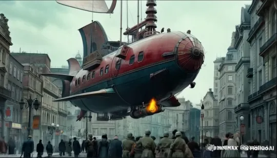 Historic Street: Airship Engine Fire Captivates Onlookers – AI Generated Video | Hailuo AI