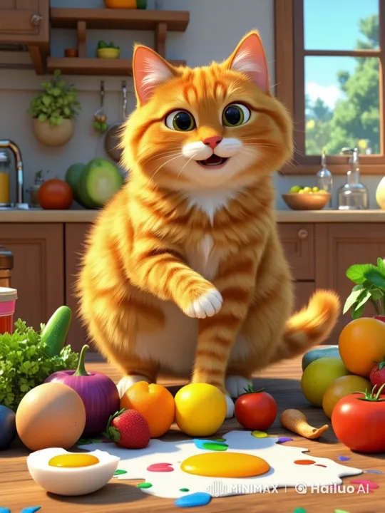 Adorable Orange Cat Playfully Creates Chaos in Sunny Kitchen – AI Generated Video | Hailuo AI