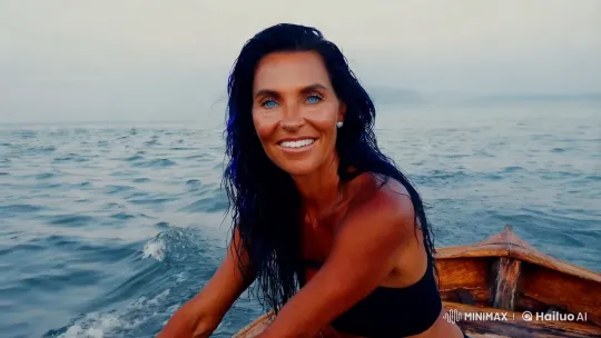 Enchanting Woman on a Rustic Boat in Tranquil Seas – AI Generated Video | Hailuo AI