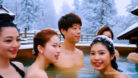 High-Resolution Hot Spring Experience with Diverse Beauties in Snowy Japan – AI Generated Video | Hailuo AI