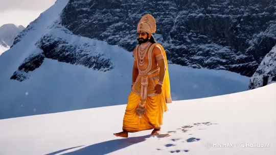 Hanuman Strides Through Snowy Mountainscape – AI Generated Video | Hailuo AI