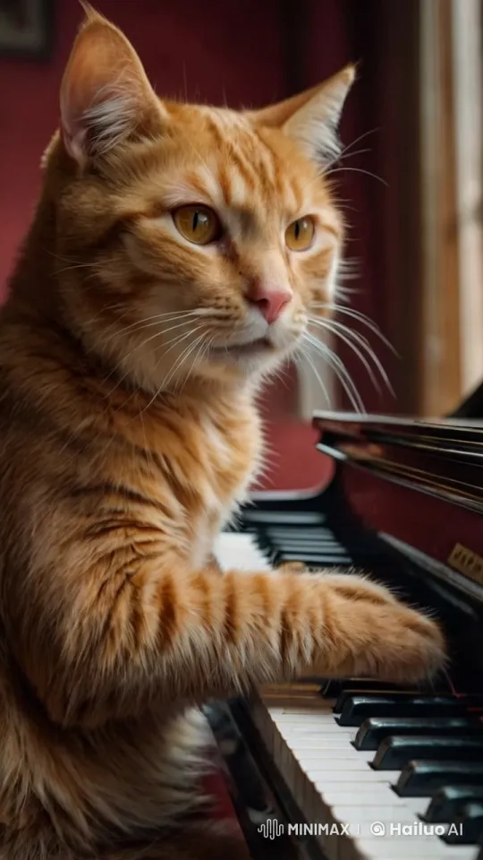 Orange Cat Deliberately Plays Piano with Focus – AI Generated Video | Hailuo AI