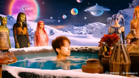 Japanese Man Soaks in Alien Hot Spring Amid Cosmic Beauty – AI Generated Video | Hailuo AI