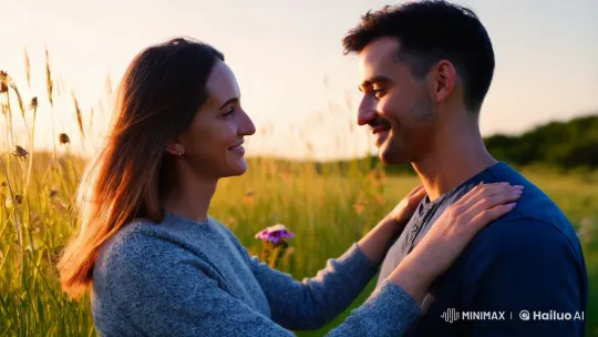 Intimate Embrace in a Sunlit Meadow – AI Generated Video | Hailuo AI