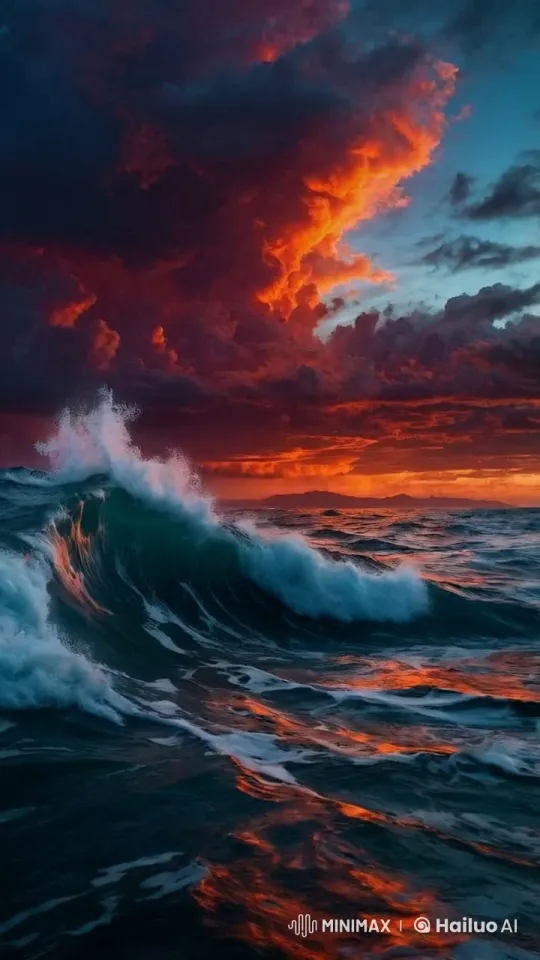 Vibrant Sunset Meets Turbulent Ocean Waves – AI Generated Video | Hailuo AI