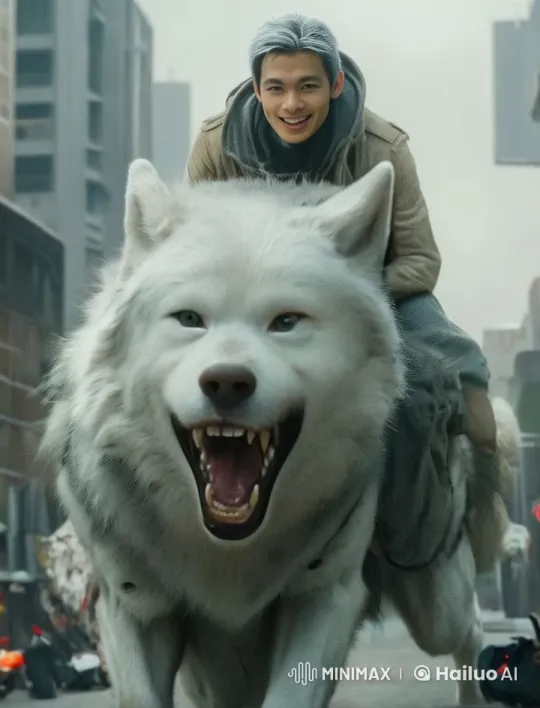 Silver-haired Rider Patrols City on Majestic White Wolf – AI Generated Video | Hailuo AI