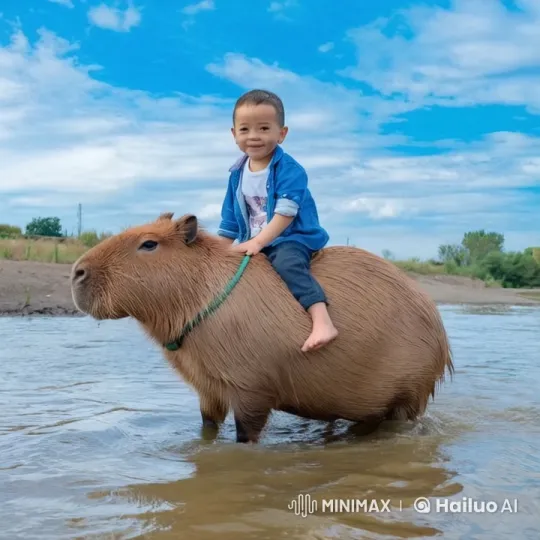 Child Joyfully Rides Giant Capybara in River – AI Generated Video | Hailuo AI