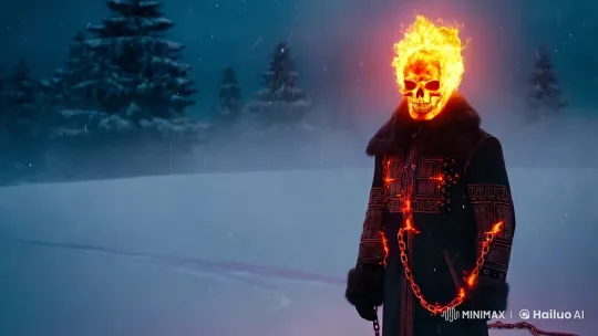 Ghost Rider in Russian-Inspired, Fiery Winter Setting – AI Generated Video | Hailuo AI
