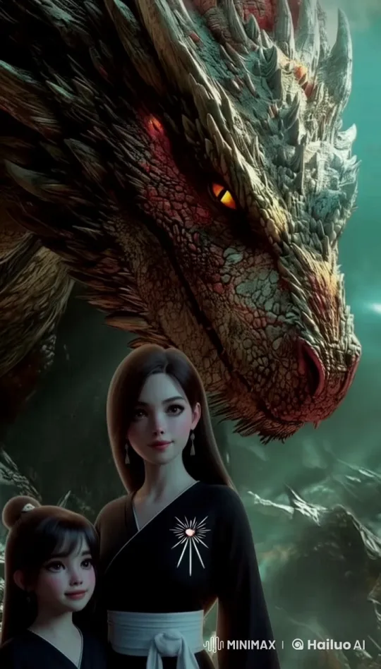 Giant Dragon Threatens Embracing Mother and Daughter – AI Generated Video | Hailuo AI