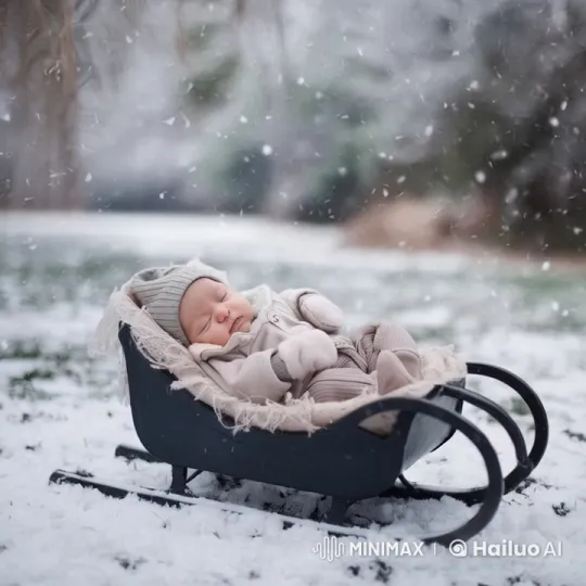 Baby Sleeping in Cozy Sled in Winter Wonderland – AI Generated Video | Hailuo AI
