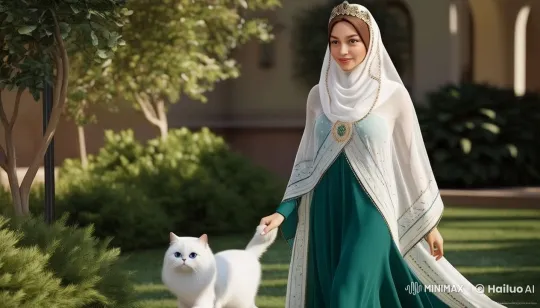 Elegant Woman and Cat Stroll Through Serene Live2D Garden – AI Generated Video | Hailuo AI