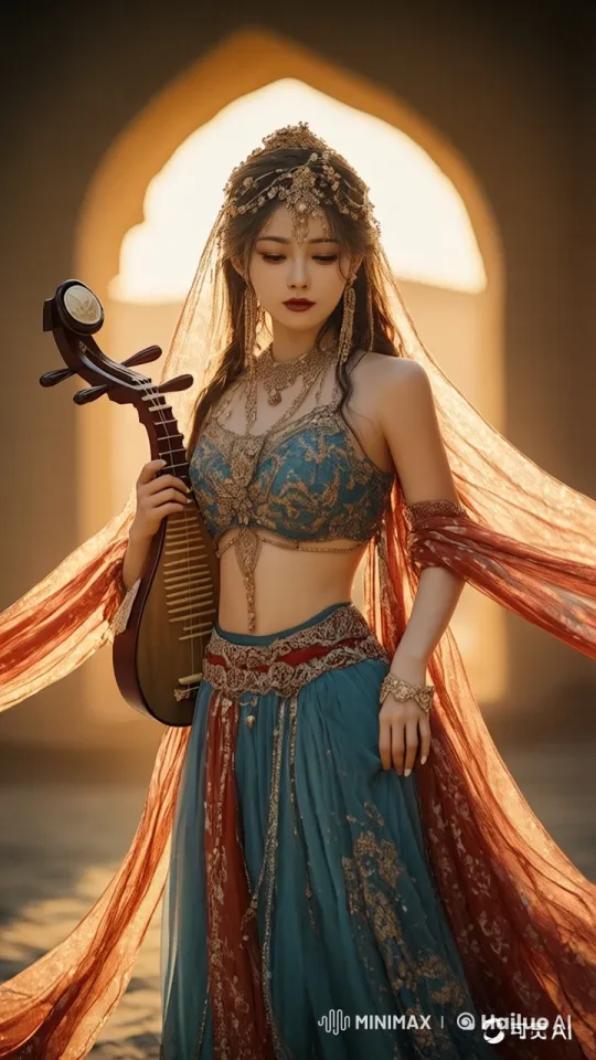 Traditional Dancer in Vibrant Attire with Lute - Live2D Animation – AI Generated Video | Hailuo AI