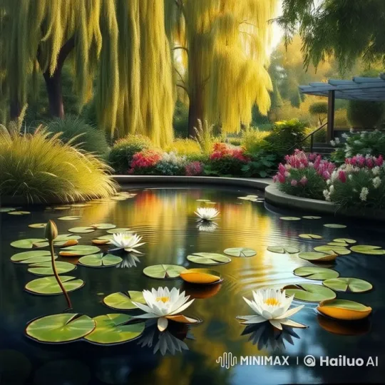 Tranquil Garden Pond with Ripples and Blossoms – AI Generated Video | Hailuo AI