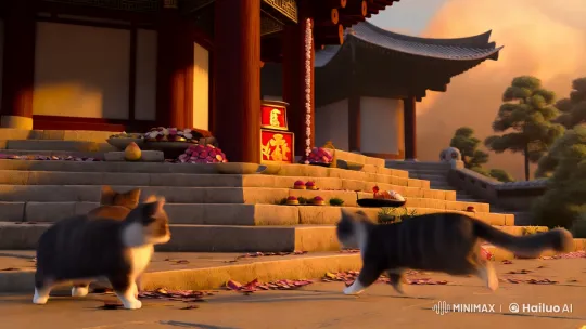 Title: "Serene Shrine: 2D Cats in Golden Light" – AI Generated Video | Hailuo AI
