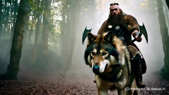 Viking Warrior Rides Through Misty Forest on Majestic Wolf – AI Generated Video | Hailuo AI