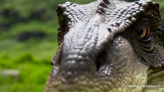 Dinosaur's Intense Gaze Captured in Close-Up Detail – AI Generated Video | Hailuo AI