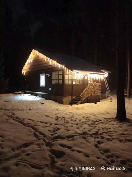 Cozy Snow-Covered Cabin Illuminated at Night – AI Generated Video | Hailuo AI