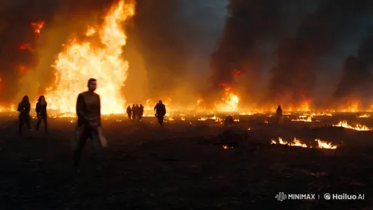 Aesthetic Desolation: Silhouettes Amidst Fiery Inferno – AI Generated Video | Hailuo AI