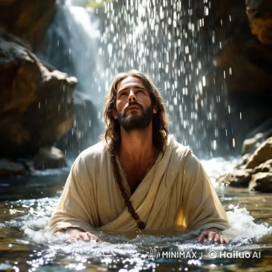 Contemplative Jesus in Serene River with Waterfall – AI Generated Video | Hailuo AI