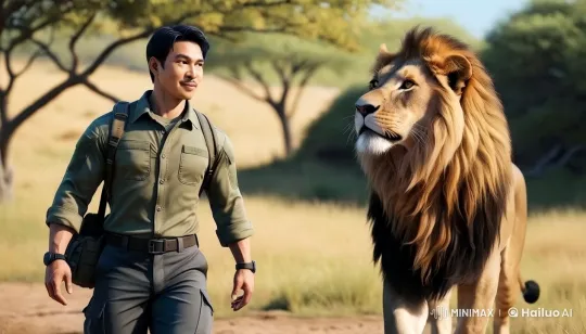 A man walks confidently alongside a lion on the sunlit savannah. – AI Generated Video | Hailuo AI