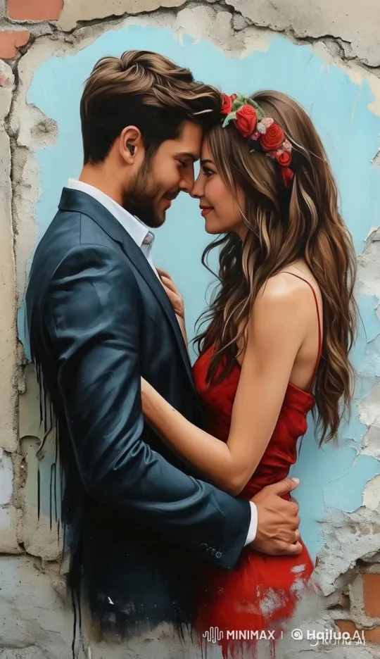 Couple in Intimate Embrace Against Textured Wall – AI Generated Video | Hailuo AI