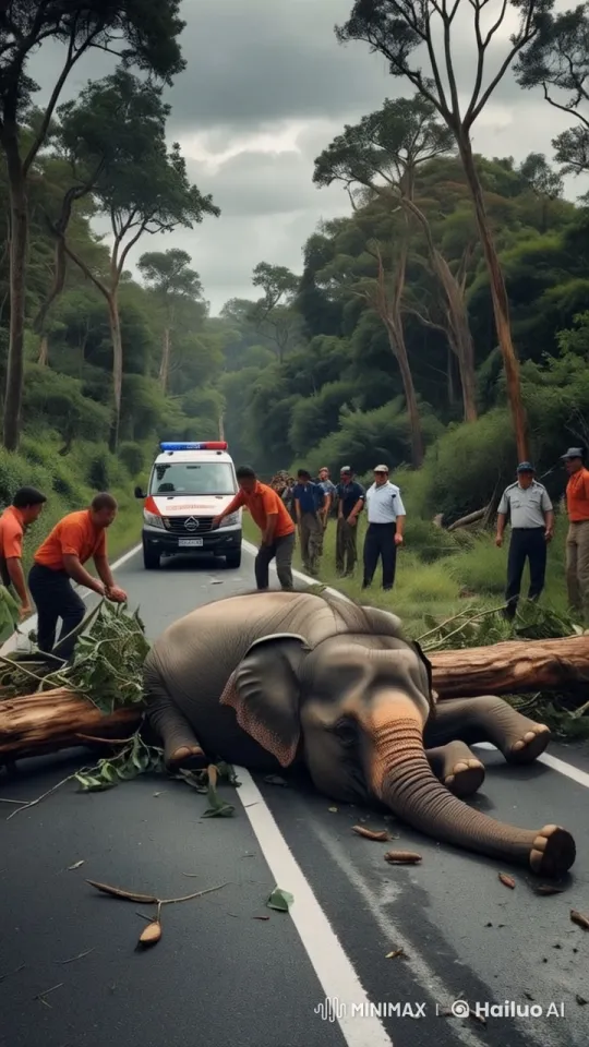 Rescue Effort for Roadside Elephant Hit by Fallen Tree – AI Generated Video | Hailuo AI
