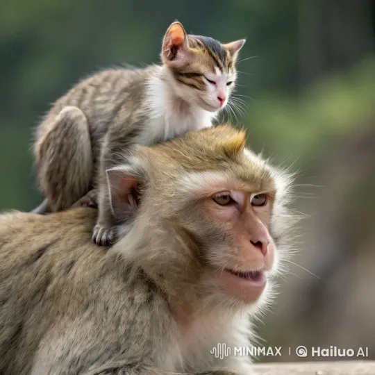 Monkey Carries Cat Through Forest, Sharing Bananas – AI Generated Video | Hailuo AI