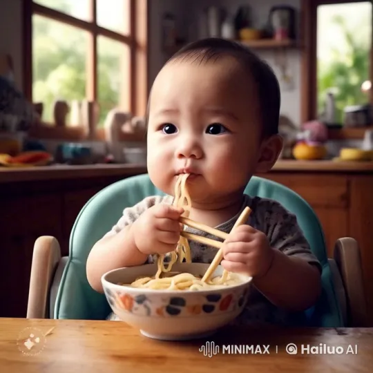 Baby's Joyful Mealtime with Noodles and Chopsticks – AI Generated Video | Hailuo AI