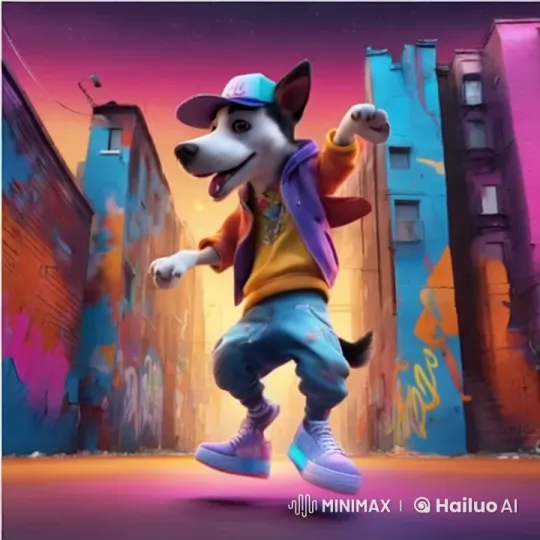 Anthropomorphic Dog Dances in Graffiti-Adorned Alley – AI Generated Video | Hailuo AI