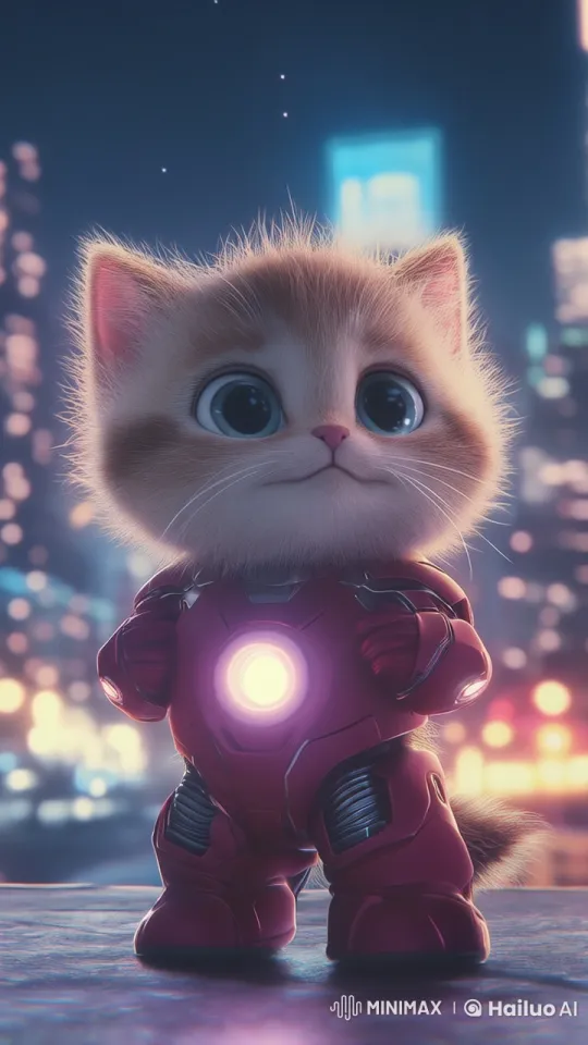 Cute Kitten in Armored Suit on Rooftop – AI Generated Video | Hailuo AI