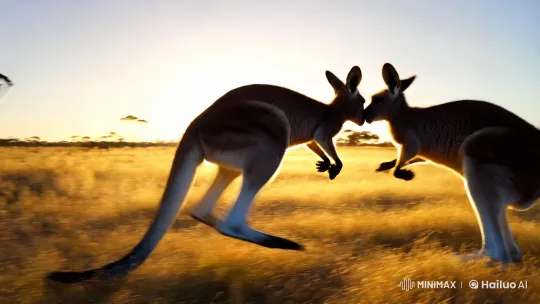 Kangaroos vs. Dingo: Dynamic Chase in Golden Light – AI Generated Video | Hailuo AI