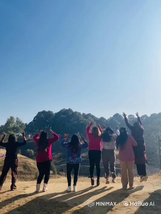 Joyful Group Celebrates Outdoors on Hill – AI Generated Video | Hailuo AI