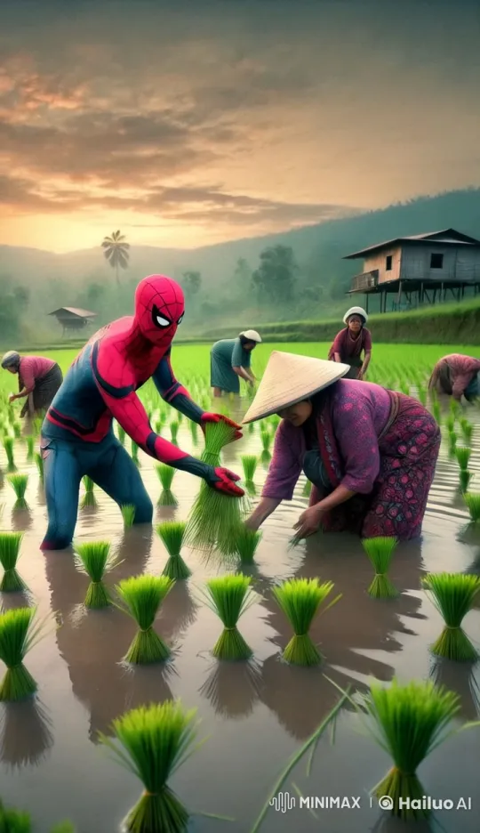 Spider-Man Helps Plant Rice, Shares Meal in Rural Community – AI Generated Video | Hailuo AI