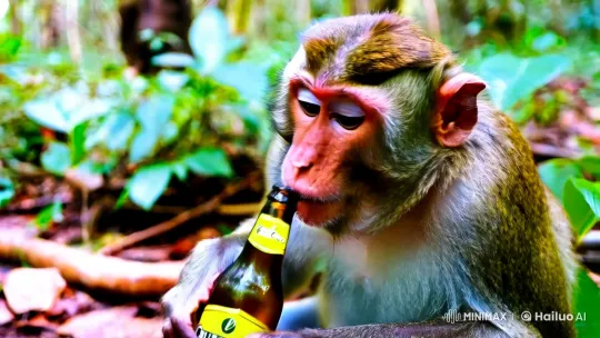 Monkey Enjoying Beer in Lush Jungle Setting – AI Generated Video | Hailuo AI