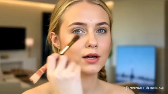 Fair-skinned Woman Applies Makeup in Cozy Living Room – AI Generated Video | Hailuo AI