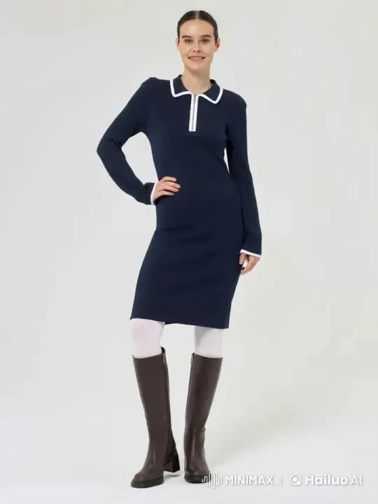 Model Showcases Elegant Navy Blue Dress and Accessories – AI Generated Video | Hailuo AI