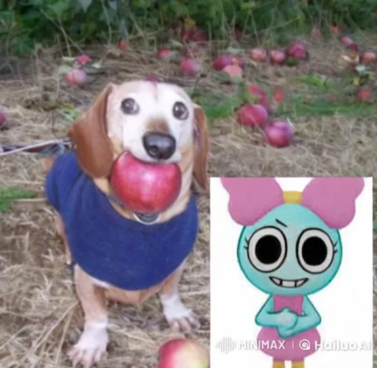 Girl and Dog Playfully Compete for Apple in Orchard – AI Generated Video | Hailuo AI