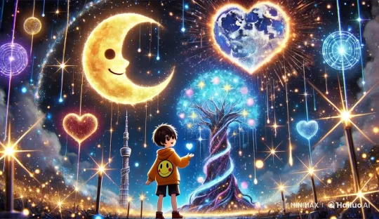 Boy in Orange Hoodie Admires Celestial Tree and Constellation – AI Generated Video | Hailuo AI