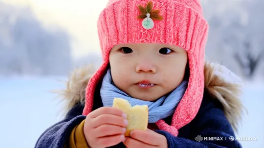 Young Girl Enjoying Bread in Serene Winter Landscape – AI Generated Video | Hailuo AI