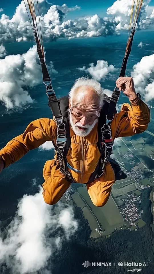 Orange Jumpsuit Skydiver's Thrilling Descent – AI Generated Video | Hailuo AI