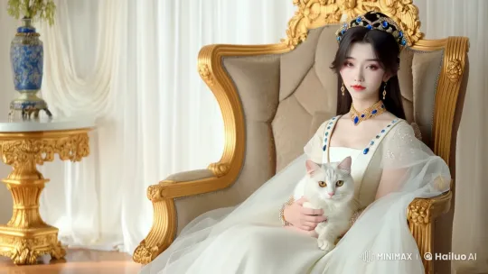 Royal Grace: A Serene Woman with a Fluffy Cat in a Luxurious Setting – AI Generated Video | Hailuo AI