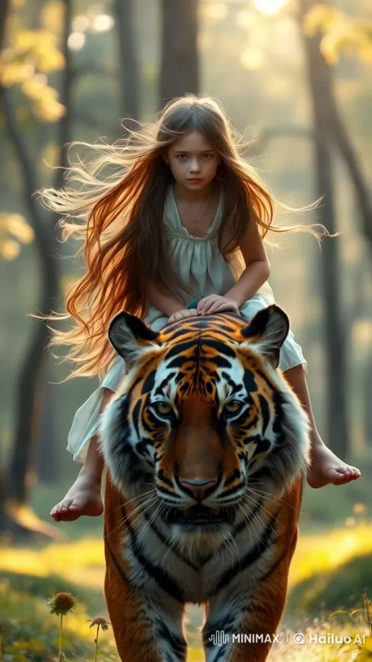 Mystical Forest: Girl Rides Majestic Tiger at Dusk – AI Generated Video | Hailuo AI