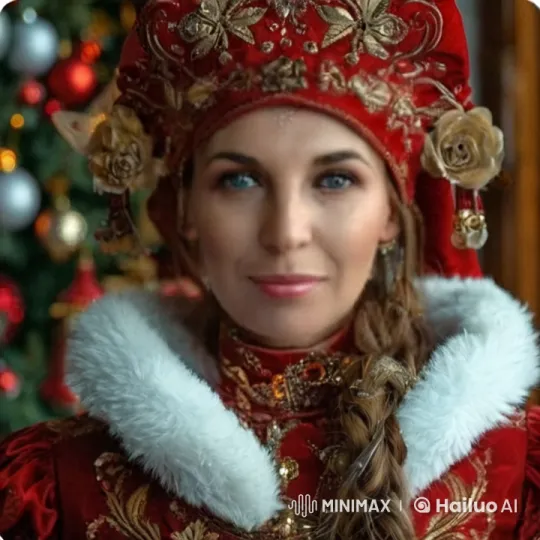 Elegant Woman in Red Amidst Festive Christmas Tree – AI Generated Video | Hailuo AI