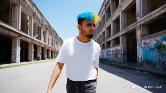 Vibrant-Haired Man Strides Through Desolate Street – AI Generated Video | Hailuo AI