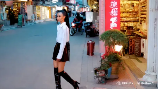 Asian Model Strides Confidently Through Bustling Street – AI Generated Video | Hailuo AI